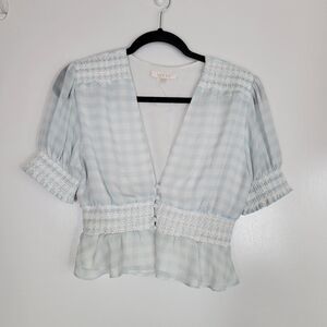 WAYF Light Blue Gingham Top with Smocked Waist Coquette Cute Short Sleeve Crop S